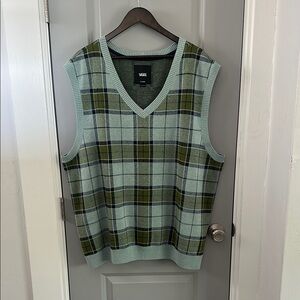 Vans Men's V-Neck Plaid Sweater Vest in Mint Green and Olive